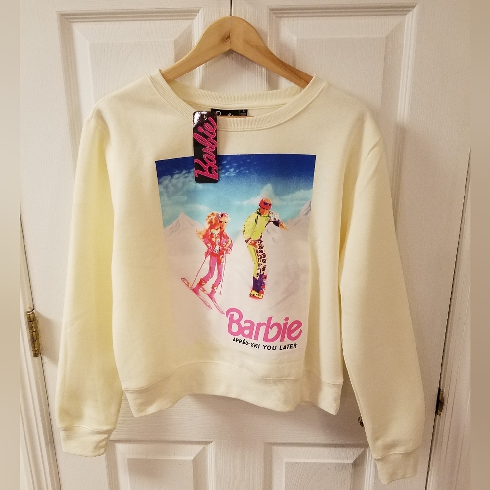NWT Barbie Ken Apres Ski Graphic Women's Sweatshirt Size  Large  Pale Yellow